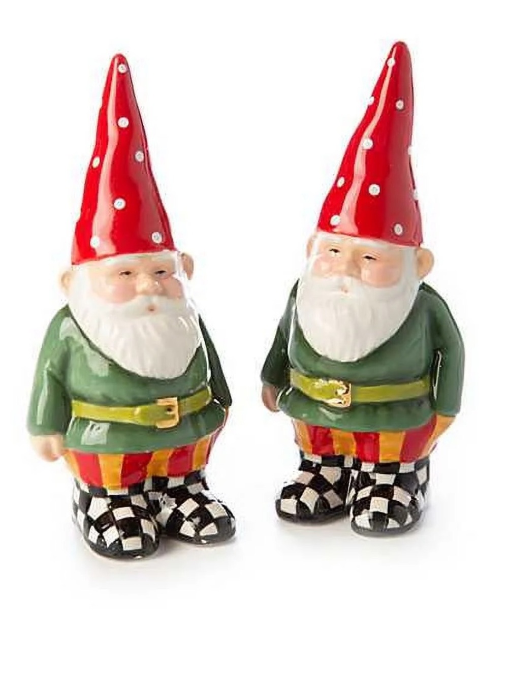 🌲Mackenzie-Childs Holiday Gnome Salt + Pepper Shakers | Checkered Boot Set